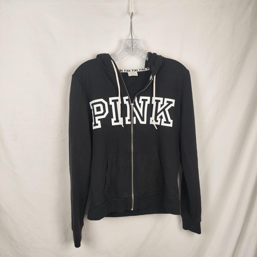 Victoria's Secret PINK Hoodie Womens Medium Black Full Zip Logo Graphic